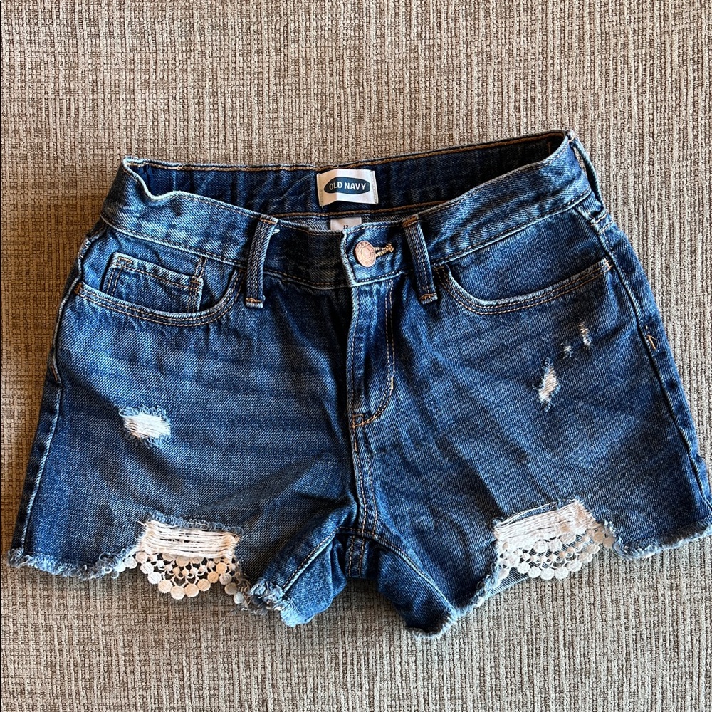 Old Navy Girls Distressed Blue Jean Shorts with Lace Trim